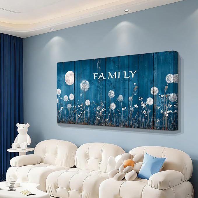 BQVCT Blue Dandelion and Moon Wall Art 20x40 Inch Large Gallery Wrapped Canvas Print Floral Botanical Decor on Rustic Wood Texture Ready to Hang for Living Room Bedroom