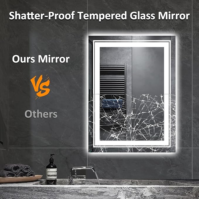 Snowdool 32" x 24" LED Bathroom Mirror with Lights, Front and Backlit Mirror, Anti-Fog Lighted Vanity Mirror, Stepless Dimmable, 3 Colors LED Mirror (Horizontal/Vertical)