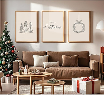Baccone Christmas Wall Art Winter Xmas Canvas Decor Merry Christmas Wall Art Minimalist Vintage Painting Beige Farmhouse Prints Holiday Poster for Bathroom 12x16x3 Inch Unframed