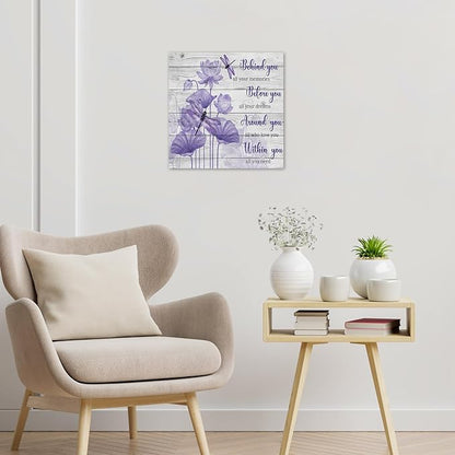 LB Purple Floral Inspirational Wall Art Flower and Dragonfly on Wood Board Canvas Wall Art Motivational Wall Decor for Living Room Bedroom Bathroom Home Framed Ready to Hang 12L x 12W Inch