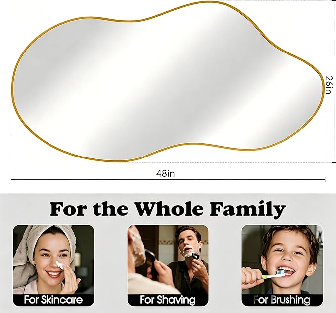 Irregular Asymmetrical Wall Mirror 26x48 Inches - Decorative Tempered Glass with Modern Aluminum Alloy Frame, Gold Abstract Cloud Mirror for Bathroom, Bedroom, Living Room, Entryway, Cloakroom