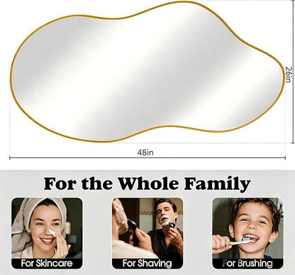 Irregular Asymmetrical Wall Mirror 26x48 Inches - Decorative Tempered Glass with Modern Aluminum Alloy Frame, Gold Abstract Cloud Mirror for Bathroom, Bedroom, Living Room, Entryway, Cloakroom