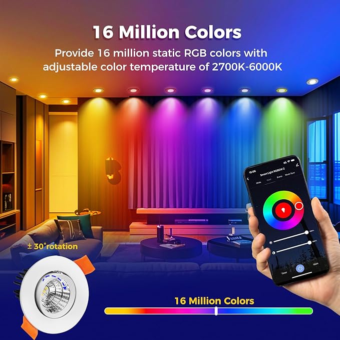 2 Inch Smart LED Recessed Lighting, 5W WiFi RGB Mini Downlight, CCT 2700-6500K Dimmable Color Changing Accent Recessed Ceiling Light, 110V Compatible with Alexa and Google Home with LED Driver, 6 Pack