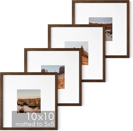 HAUS AND HUES Walnut Oak Wood 10x10 Picture Frames - Set of 4, Square Frames with Mat, Premium Frames for Gallery Walls (10x10 in, Walnut, Set of 4)