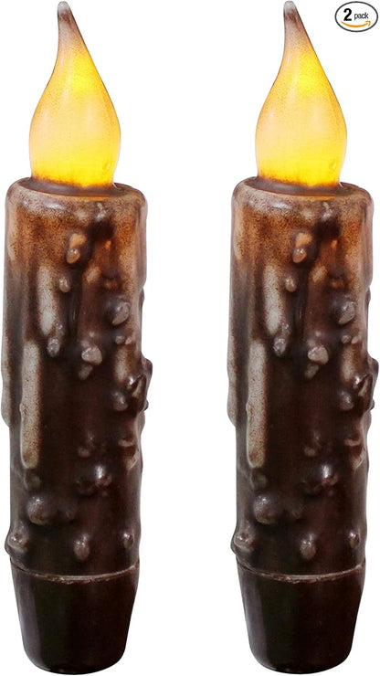 CVHOMEDECO. Real Wax Hand Dipped Battery Operated LED Timer Taper Candles Country Primitive Flameless Lights Décor, 4-3/4 Inch, Brown, 2 PCS in a Package