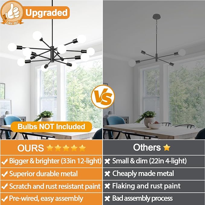 10.9"-52.3" Height Adjustable Modern Chandelier Ceiling Light Fixture, 12-Light Sputnik Chandeliers Matte Black Mid Century Chandelier Over Table, Chandeliers for Dining Room (Bulbs Not Included)