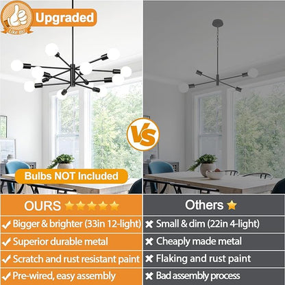10.9"-52.3" Height Adjustable Modern Chandelier Ceiling Light Fixture, 12-Light Sputnik Chandeliers Matte Black Mid Century Chandelier Over Table, Chandeliers for Dining Room (Bulbs Not Included)