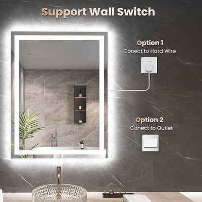 Snowdool 24"X36" LED Bathroom Mirror with Front Lights and Backlit, Anti-Fog, Dimmable, Shatter-Proof Tempered Glass, Lighted Bathroom Vanity Mirror for Wall with 3 Colors, Memory Function