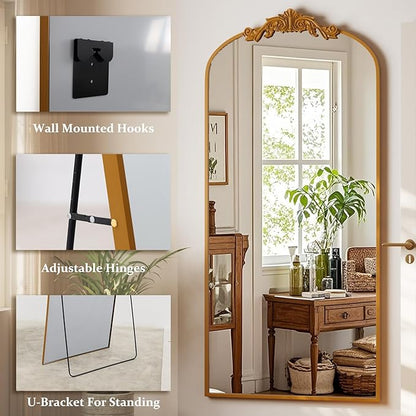 GLSLAND 71"x 32" Gold Vintage Arched Full Length Mirror - Large Carved Standing Floor Mirror with Metal Frame for Bedroom/Living Room/Entryway