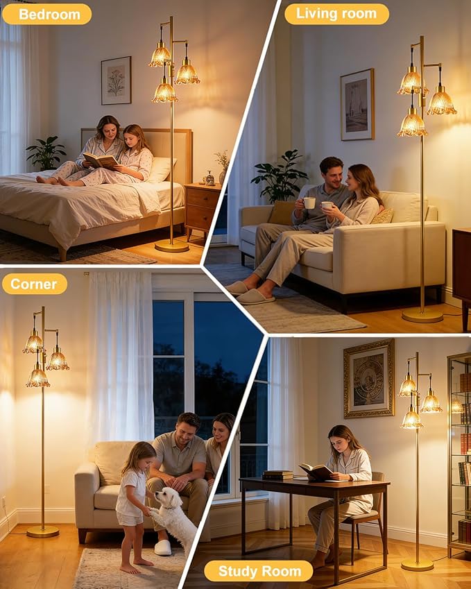 3-Light Modern Glass Floor Lamp, Gold Standing Tall Lamp with Amber Lily Glass Shade for Reading, Dimmable LED Floor Lamp with 5Lbs Heavy Base for Living Room Bedroom Home Decor, Bulb Included