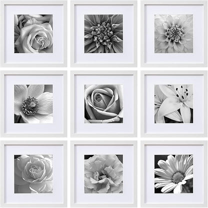 eletecpro 12x12 Picture Frames Set of 9 with Clear Acrylic Cover, Display 8x8 Photos with Mat or 12x12 Without, Classic and Sturdy Square Collage Gallery Wall Decor, Easy Wall Mount, White