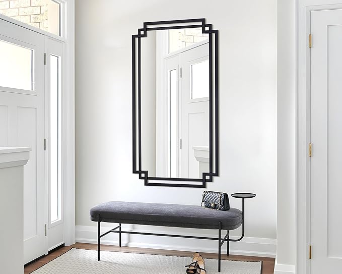 32" x 47" Large Wall Mirror for Living Room Decor, Black Decorative Mirror with Irregular and Rectangular Metal Frame, Horizontal/Vertical Hanging Mirror for Bathroom, Entrance