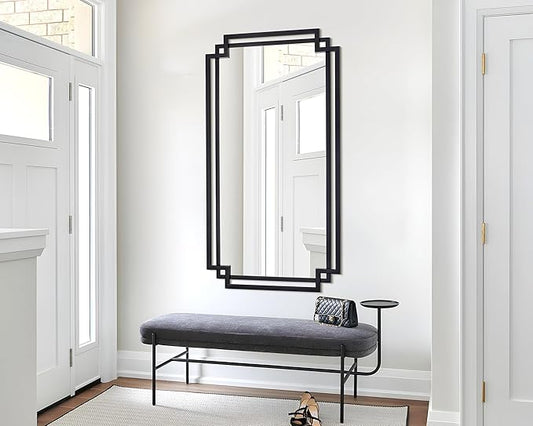 32" x 47" Large Wall Mirror for Living Room Decor, Black Decorative Mirror with Irregular and Rectangular Metal Frame, Horizontal/Vertical Hanging Mirror for Bathroom, Entrance