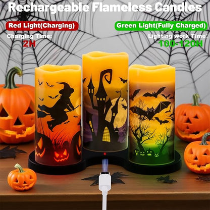 Rechargeable Halloween Flameless Candles Battery Operated with 6 Hour Timer Real Wax Flickering LED Pillar Candles Bats Witch Pumpkin Dinner Halloween Indoor Deocration(3 Pack, 3" D x 6" H)