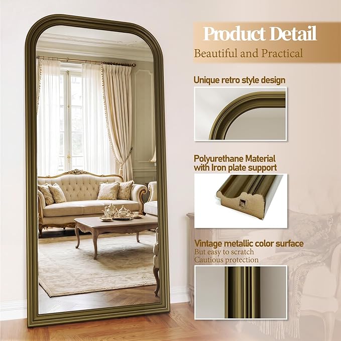 Full Length Mirror with Stand, 71"x32" Full Body Mirror, Floor Length Mirrors Wall Mounted with Rounded Top, Large Standing Mirrors, PU Frame, for Bedroom Living Room Cloakroom, Antique Bronze