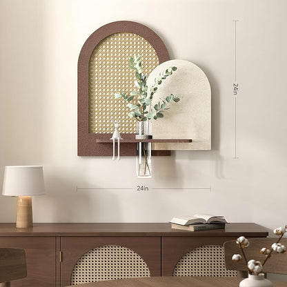 Troartos 3D Textured Boho Wall Decor with Shelf, Neutral Beige Brown Woven Rattan Sandstone Wall Art, Minimalist Arched Artwork for Living Room, Hallway, Kitchen, Bedroom, Office, 24x24 Inch