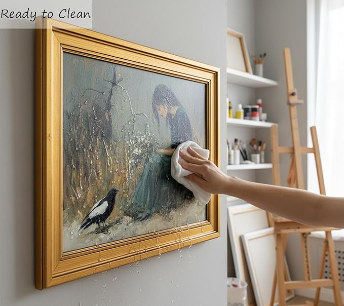 Vintage Gold Framed Canvas Wall Art, Girl Magpie Poster Artwork, Dark Moody Print Picture, Melancholic Aesthetic Painting Wall Decor, for Living Room, Bedroom, Study Home Decoration, 9x11in