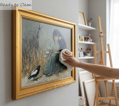 Vintage Gold Framed Canvas Wall Art, Girl Magpie Poster Artwork, Dark Moody Print Picture, Melancholic Aesthetic Painting Wall Decor, for Living Room, Bedroom, Study Home Decoration, 12x16in