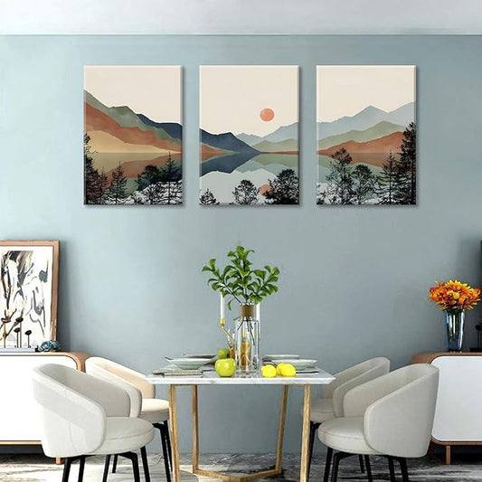 Bwodke Canvas Wall Art Framed Mountain Wall Art Set of 3 Boho Watercolor Nature Landscape Picture Decor Sun Forest Abstract Prints Artwork Painting for Living Room Bedroom Office 16"x24"