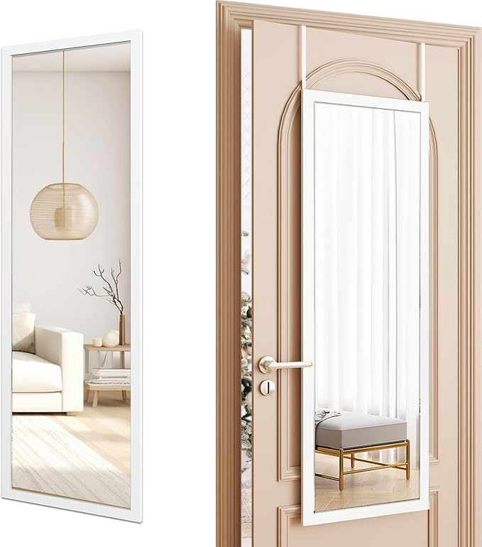 whitebeach 48" x 16" Over The Door Full Length Mirror Wall Mounted Hanging with 2 Metal Hangers for Bedroom Living Room Bathroom White