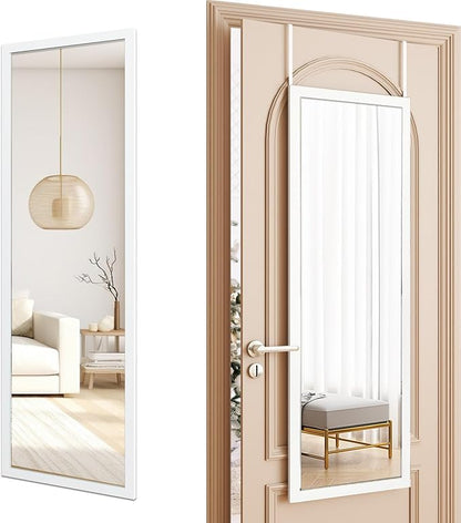 whitebeach 48" x 16" Over The Door Full Length Mirror Wall Mounted Hanging with 2 Metal Hangers for Bedroom Living Room Bathroom White