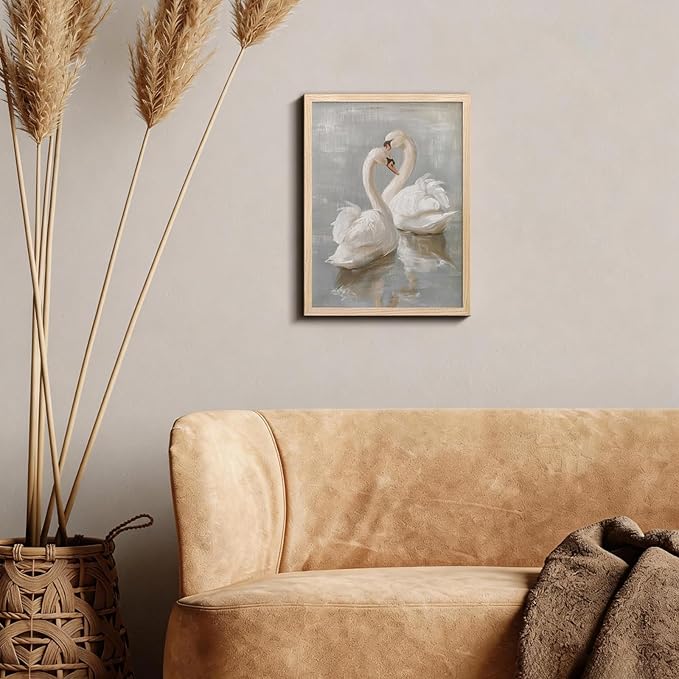 Vintage Framed Swan Canvas Wall Art Country Farmhouse Retro Romantic Animal Painting Picture Wall Decor Bathroom Watercolor Classical Poster Print Artwork for living Room Bedroom Home 8x10 inch