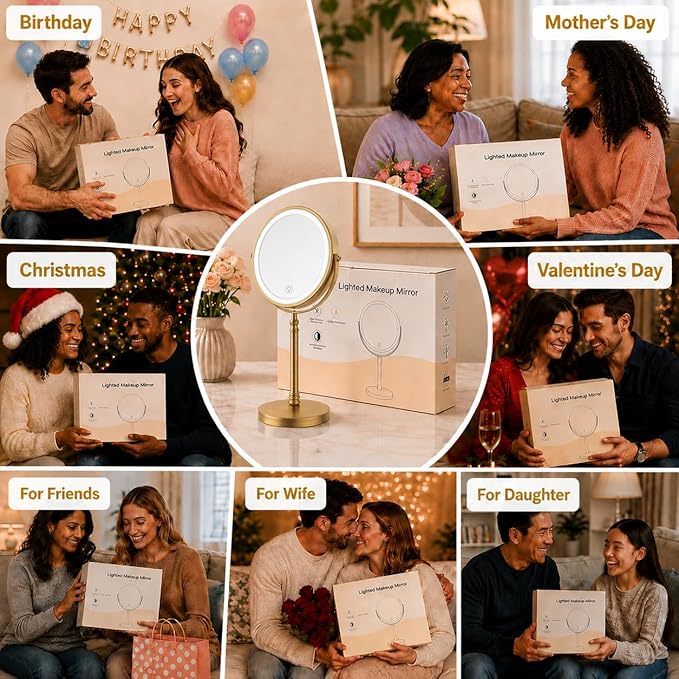 DEIOVWXS Makeup Mirror, 3000mAh Rechargeable Double-Sided Magnifying Vanity Mirror with 3 Colors, 1X/10X, Adjustable Brightness, Gifts for Mom, Mothers Day, Women, Wife, Girls, Dorm Room Essential