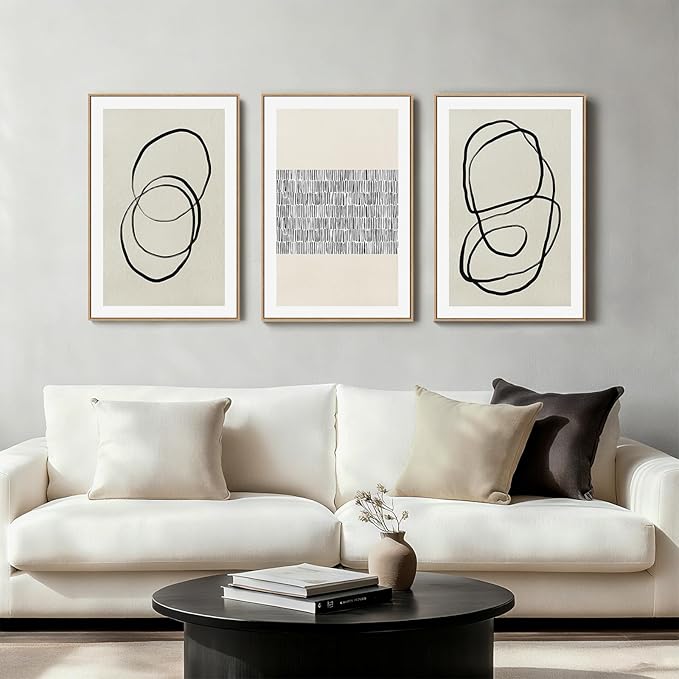 Abstract Boho Wall Art Set - Modern Boho Geometric Framed Canvas Prints, Neutral Mid-Century Graffiti Inspired Decorative Wall Decor for Living Room, Bedroom, Office - 16"x24"x3