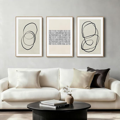 Abstract Boho Wall Art Set - Modern Boho Geometric Framed Canvas Prints, Neutral Mid-Century Graffiti Inspired Decorative Wall Decor for Living Room, Bedroom, Office - 16"x24"x3