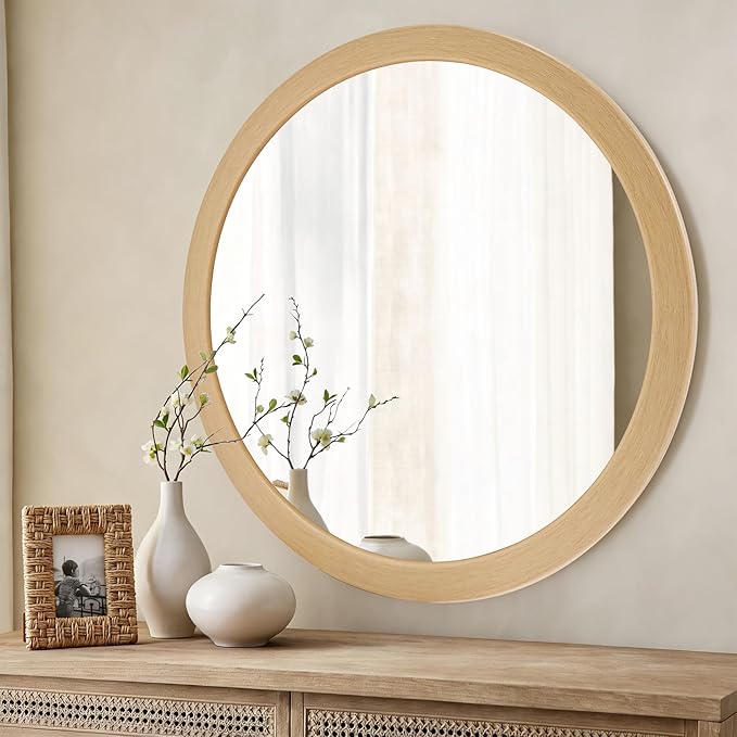 CULER Round Mirror 30 Inch,Natural Vanity Wall Rustic Mirrors,Circle Tempered Glass Mirror for Bathroom Bedroom Living Room or Entryway