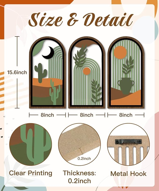 Putuo Decor Boho Wall Decor with Cactus, Modern Wooden Minimalist Wall Decor, Abstract Green Room Decorations 16x8 In Mid Century Artwork for Living Room Bedroom Office in Desert Green Set of 3