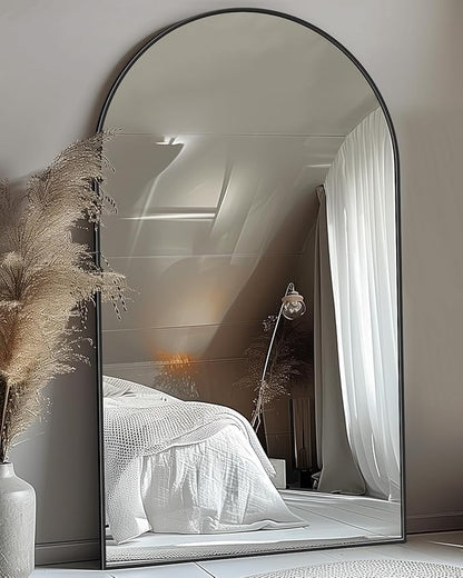 Antok 76" x44” Arched Full Length Floor Mirror, Black Aluminum Frame, Free Standing/Wall Mount/Leaning for Bedroom, Living Room, Dressing Room