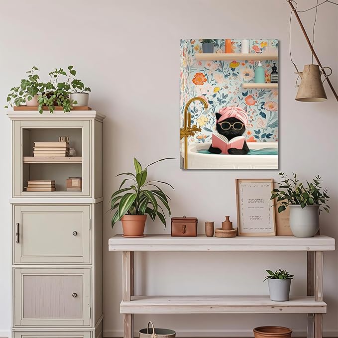 Funny Black Cat Bathroom Wall Art, Bathroom Animal Pictures Canvas Prints, Framed Cute Cat Posters Wall Decor for Living Room Bedroom Toilet Kids Room Wall Paintings 12X16 inch