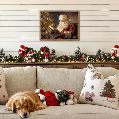 Framed Vintage Christmas Canvas Wall Art, Santa Claus Reading Book Paintings Wall Decor, Rustic Winter Holiday Pictures Prints for Living Room Bedroom Home Decoration 16×24 inch