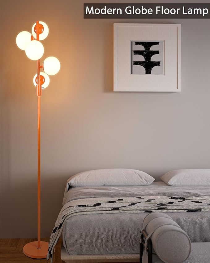 Lightdot 5-Globe Dimmable Globe Floor Lamp Orange Retro Standing Lamps with 5Pcs Bulbs Included Brightness Adjustable Mid Century Modern Floor Lamp with 5Lbs Heavy Base for Living Room/Sofa Beside