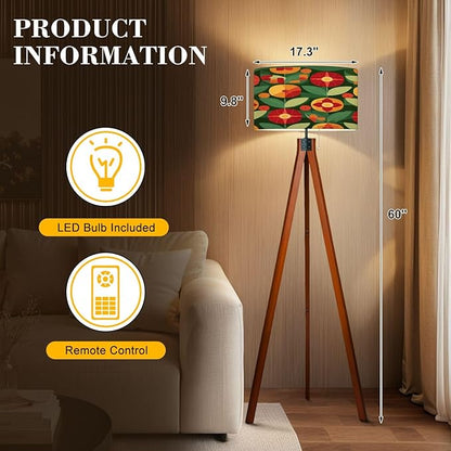 Wood Tripod Floor Lamp Flowers leaves nature Abstract geometric seamless Decorative ornament Mid Century Standing Lamp Linen Shade Dimmable Modern Tall lamp Home Decor for Living Room Bedroom Office