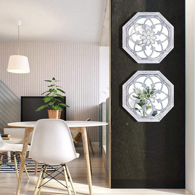 ZOLAPI 2 PCS Octagon Wall-Mounted Mirrors,Vintage Farmhouse Mirror for Wall Decor,Rustic White Color Decorative Accent Mirror for Foyer, Bathroom, Bedroom. (12”x12”)