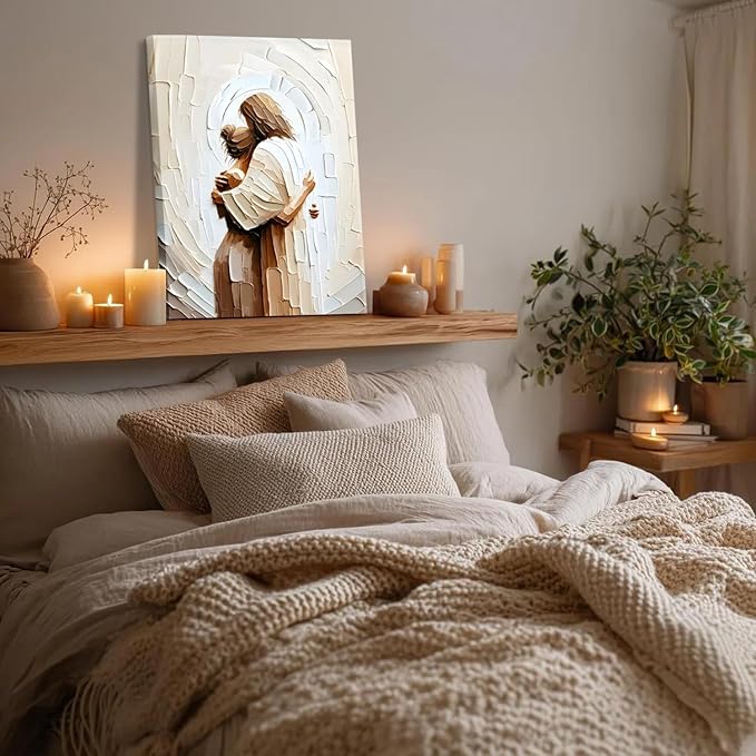 Jesus Hugging Woman Canvas Wall Art God & Girl Wall Decor Safe in His Arms Pictures Modern Christian Healing Embrace Mormon Prints Posters Artwork for Living & Prayer Room Bedroom Decor 16x24in canvas