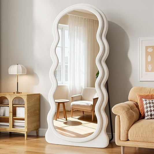 Wavy Full Length Mirror, 71"x30" Full Body Mirror, Flannel Floor Mirror with Stand, Large Mirrors Hanging or Leaning Against Wall for Bedroom Living Room, White