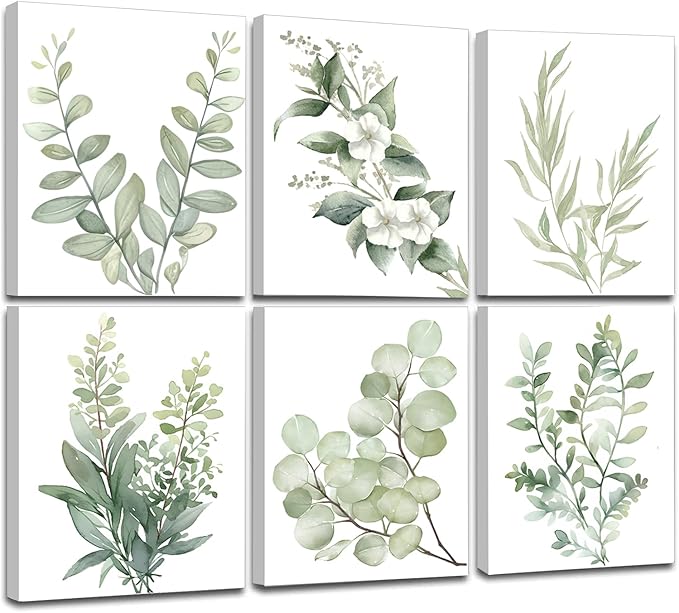 Induslyfe Framed Eucalyptus Sage Green Botanical Plant Wall Art Canvas Decor Set of 6, Nature Wall Art Prints Posters, Flower Wall Art for Bathroom Bedroom Living Room 9x12