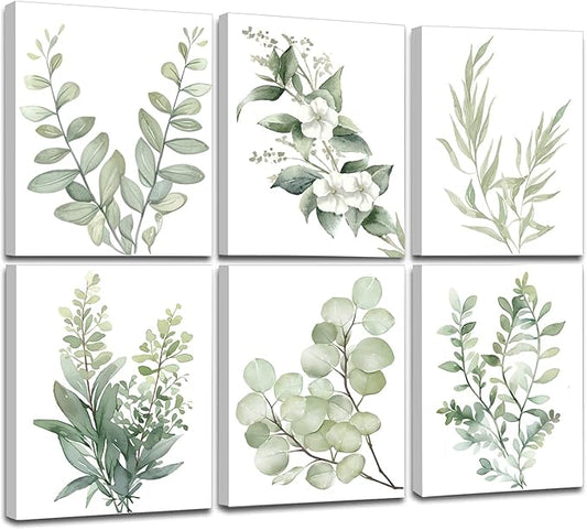 Induslyfe Framed Eucalyptus Sage Green Botanical Plant Wall Art Canvas Decor Set of 6, Nature Wall Art Prints Posters, Flower Wall Art for Bathroom Bedroom Living Room 9x12