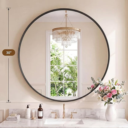 NEWBULIG 30-Inch Round Wall Mirror, Bathroom Wall Circle Mirror with Metal Frame, Bathroom Decor for Entryway, Living Room, Vanity, Black