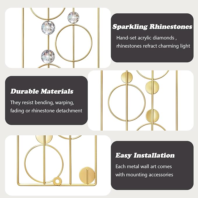 ZEXUIRU 2 Pack Bling Abstract Metal Wall Art Minimalist Line Jeweled Crystal Wall Decor Modern Geometric Rhinestone Hanging Wall Sculpture for Living Room Bedroom Bathroom Office