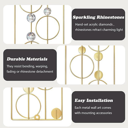 ZEXUIRU 2 Pack Bling Abstract Metal Wall Art Minimalist Line Jeweled Crystal Wall Decor Modern Geometric Rhinestone Hanging Wall Sculpture for Living Room Bedroom Bathroom Office