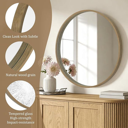 WallBeyond Round Wood Mirror, 36" Round Modern Decoration Large Circle Wall Mirror for Bathroom Living Room Bedroom Entryway, Honey