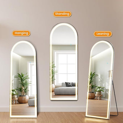 Arched Full Length Mirror with Stand 20"×63", Upgraded Full Body Mirrors with LED Light 3 Color Lighting, Floor Standing, Hanging or Leaning Modern Simple Home Wall Decor, White