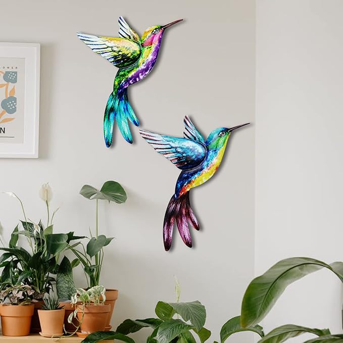 4 Pack Outdoor Garden Wall Art Decor Metal Hummingbird, 3D Colorful Garden Birds Sculpture, Metal Hand made Bird Wall Art Decorations for Fence Patio Balcony Living Room (purple)