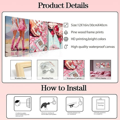 Framed Pink Preppy Wall Art Set of 3, Cowgirl Boots Cherry Cocktail Pictures Wall Decor, Trendy Poker Paintings Canvas Prints Girly Aesthetic Home Decor for Living Room Bedroom Dorm Bar 12x16 inch
