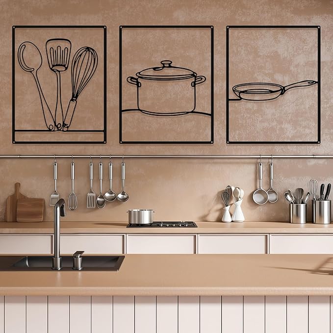 3 Pieces Metal Minimalist Line Kitchen Signs Wall Decor Drawing Rustic Kitchen Wall Art for Dining Living Room Home, 14 x 11 Inches(Kitchenware,Black)