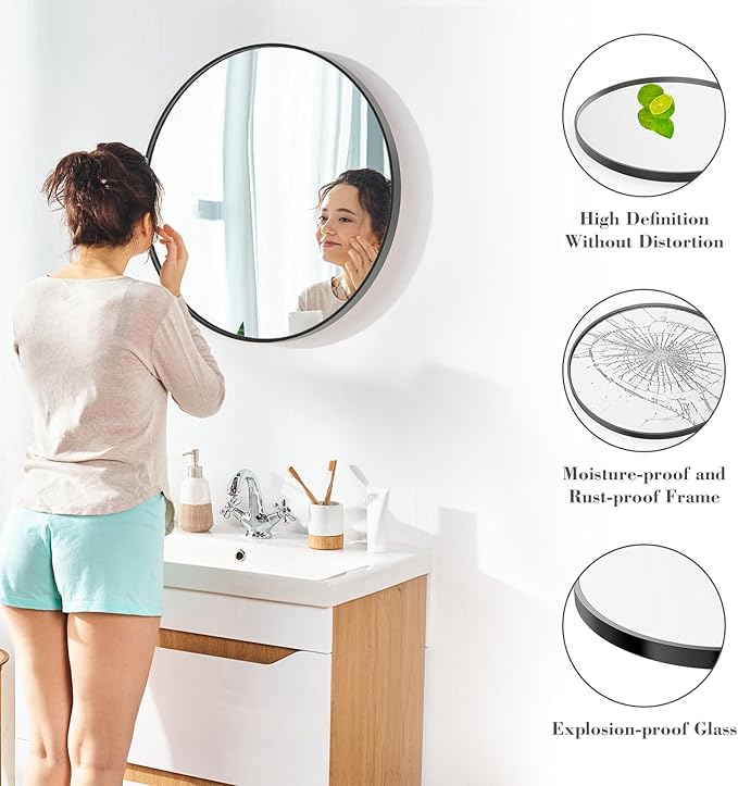 NEWBULIG Round Bathroom Mirror for Over Sink, 30 Inch Wall Mount Vanity Circle Mirror with Matte Metal Framed, Decor for Bathroom, Entryway, Bedroom, Black